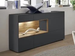 Highboard 90x133cm 'Locarno' Wildeiche massiv & MDF anthrazit inkl.Beleuchtung