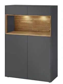 Highboard 90x133cm 'Locarno' Wildeiche massiv & MDF anthrazit inkl.Beleuchtung