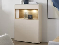 Highboard 90x133cm 'Locarno' Wildeiche massiv & MDF creme inkl.Beleuchtung