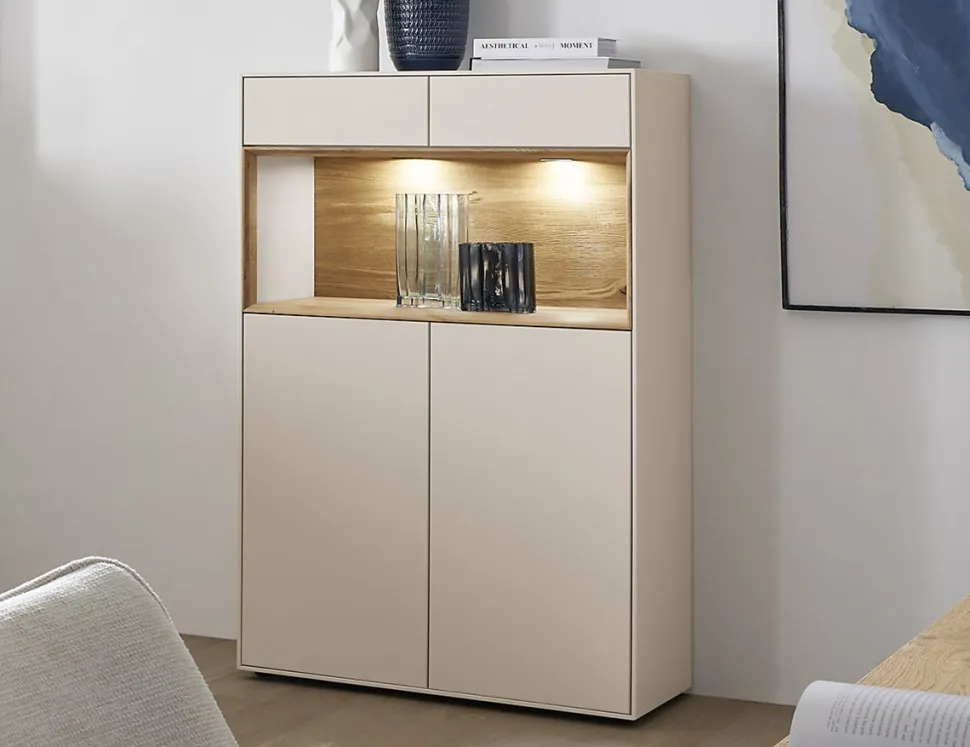 Highboard 90x133cm 'Locarno' Wildeiche massiv & MDF creme inkl.Beleuchtung