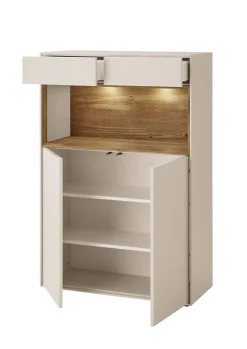 Highboard 90x133cm 'Locarno' Wildeiche massiv & MDF creme inkl.Beleuchtung