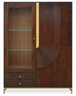 Highboard 120x160cm 'Marvello' Mango mahagoni & Metall goldfarbig Glastür