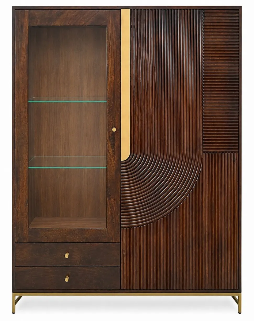 Highboard 120x160cm 'Marvello' Mango mahagoni & Metall goldfarbig Glastür