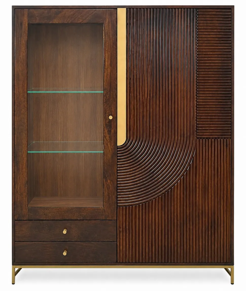 Highboard 120x160cm 'Marvello' Mango mahagoni & Metall goldfarbig Glastür