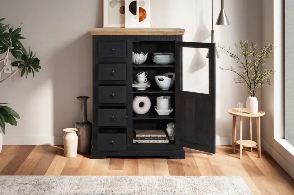 Highboard 95x131cm 'Mumbai' Mango natur & schwarz