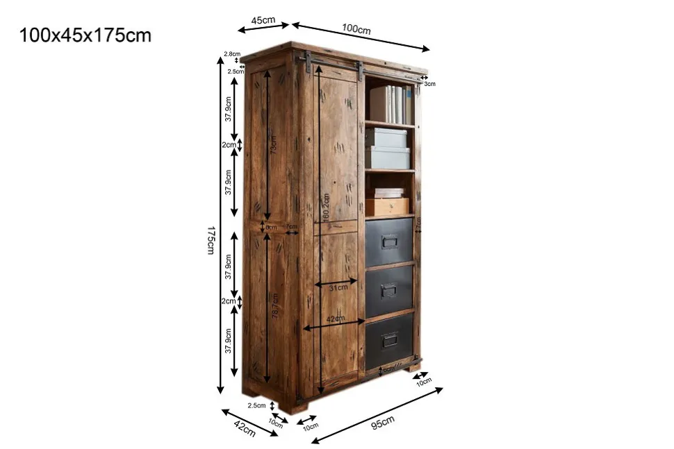 Highboard 100x175cm 'Railroad' Mango Holz & Eisen