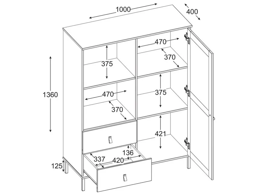 Highboard 100x136cm 'Seattle' Kiefer massiv weiß