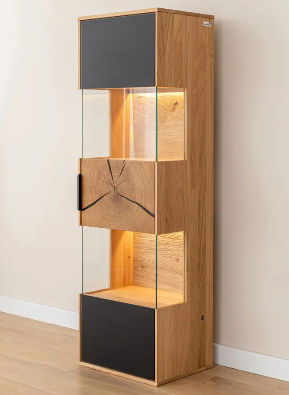 Hängevitrine inkl.Beleuchtung 43x142cm 'Triest' Wildeiche massiv Glas