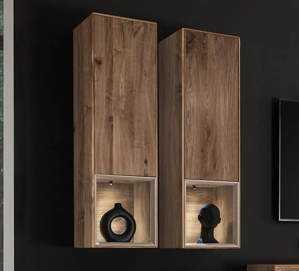 Hängevitrine 35x120cm 'Locarno II' Nussbaum massiv & Rahmen MDF creme inkl.Beleuchtung
