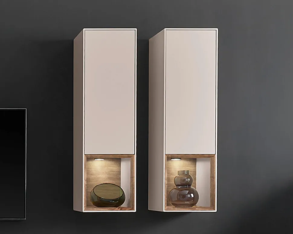Hängevitrine 35x120cm 'Locarno II' Nussbaum massiv & Front MDF creme inkl.Beleuchtung
