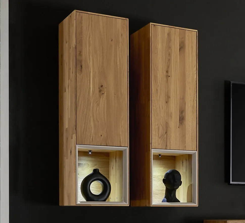 Hängevitrine 35x120cm 'Locarno' Wildeiche massiv & Rahmen MDF creme inkl.Beleuchtung