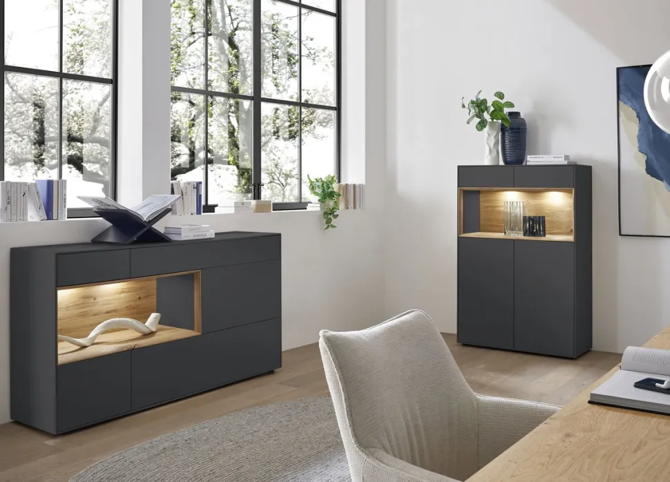 Hängevitrine 35x120cm 'Locarno' Wildeiche massiv & Front MDF anthrazit inkl.Beleuchtung