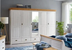 Kleiderschrank 315cm 5-trg. 'Mailand-Honig' Kiefer weiß 1 Spiegel