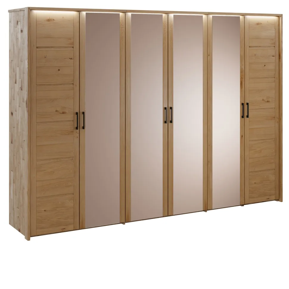 Kleiderschrank 285cm 6-trg. "Meran" Spiegel Wildeiche massiv geölt
