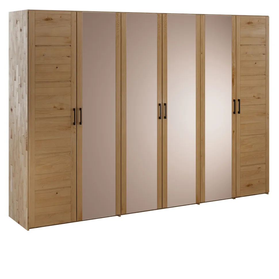 Kleiderschrank 285cm 6-trg. "Meran" Spiegel Wildeiche massiv geölt