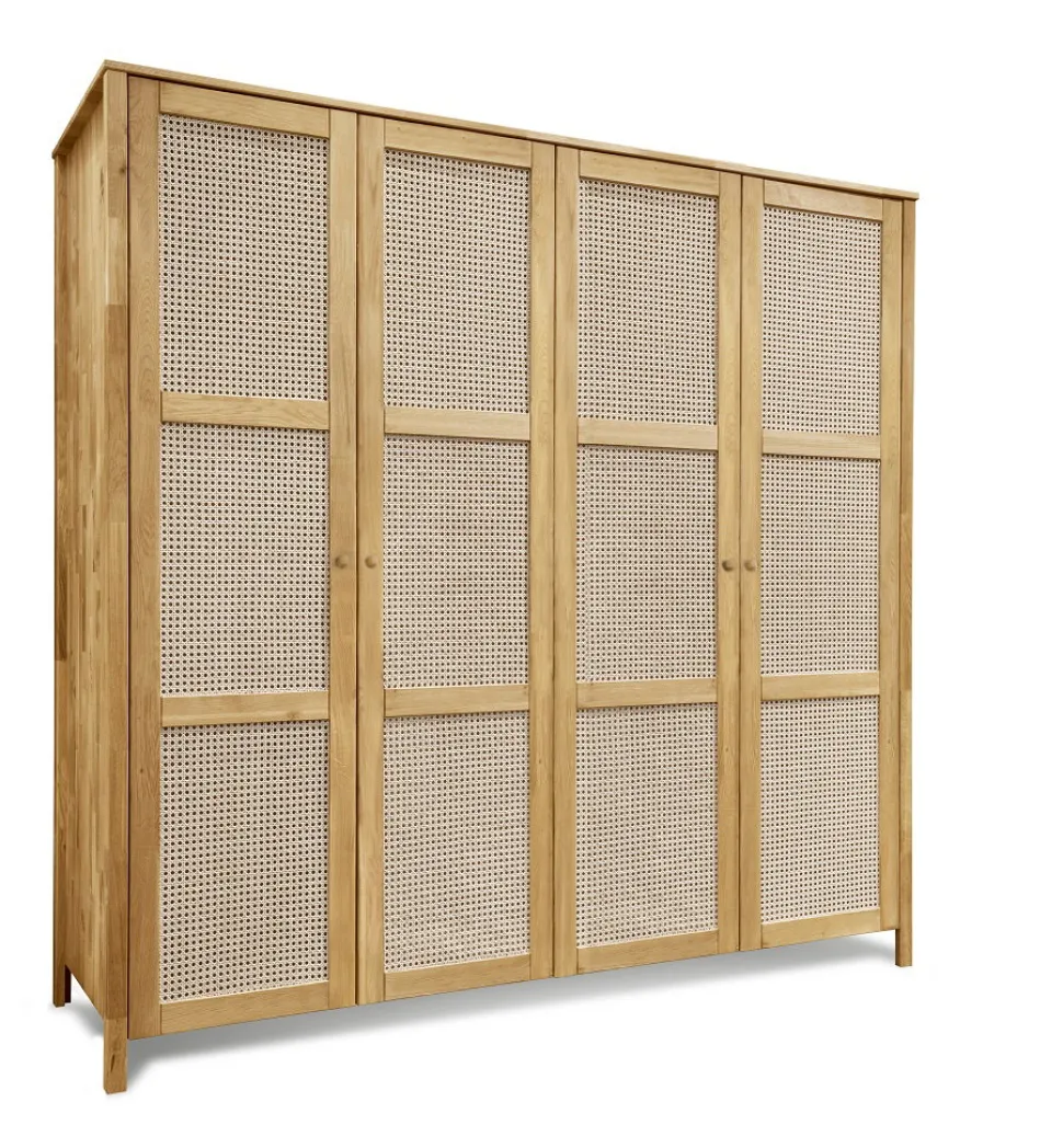 Kleiderschrank 202cm 4-trg. "Norden" Eiche & Rattangeflecht