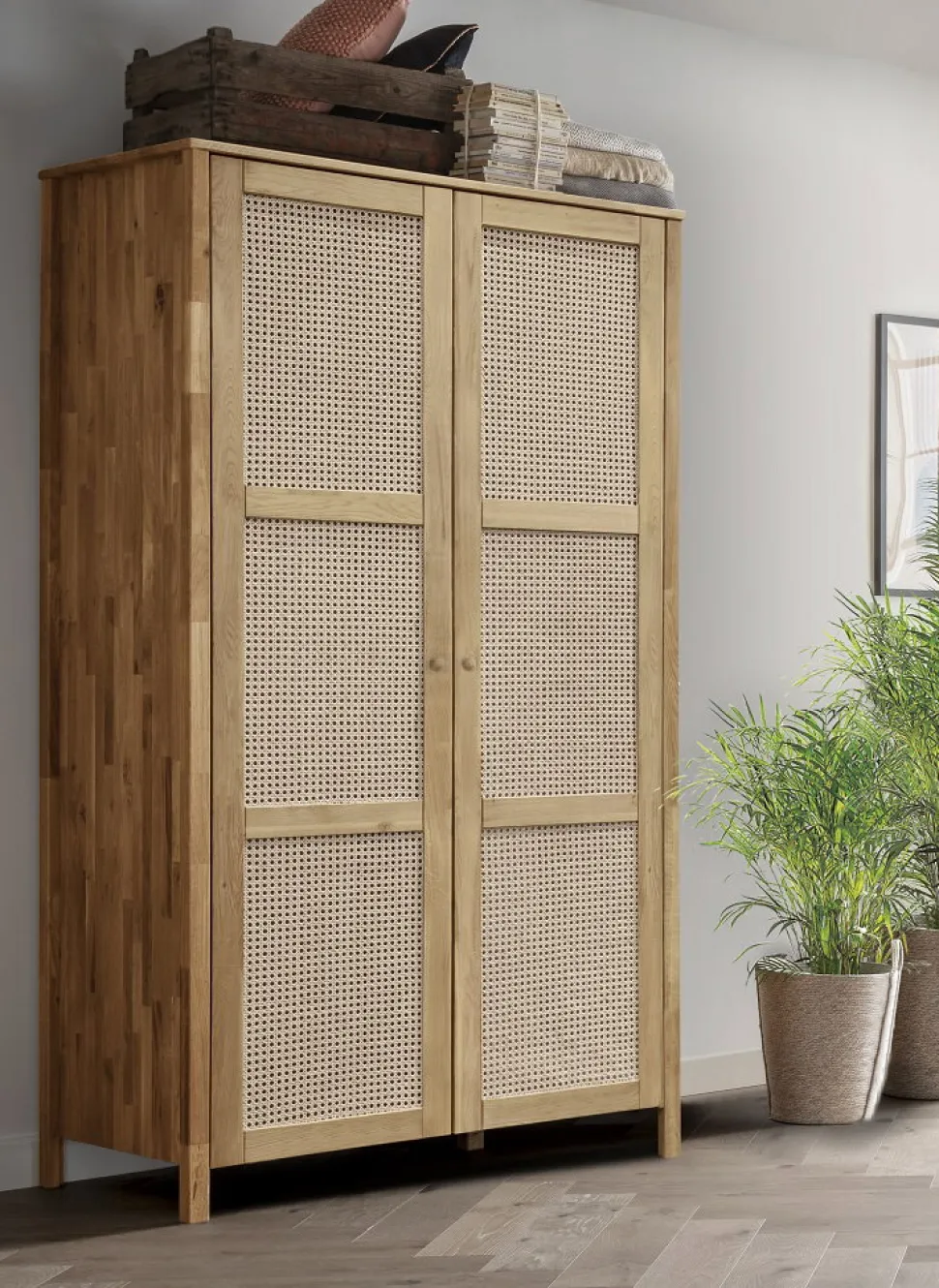 Kleiderschrank 107cm 2-trg. "Norden" Eiche & Rattangeflecht