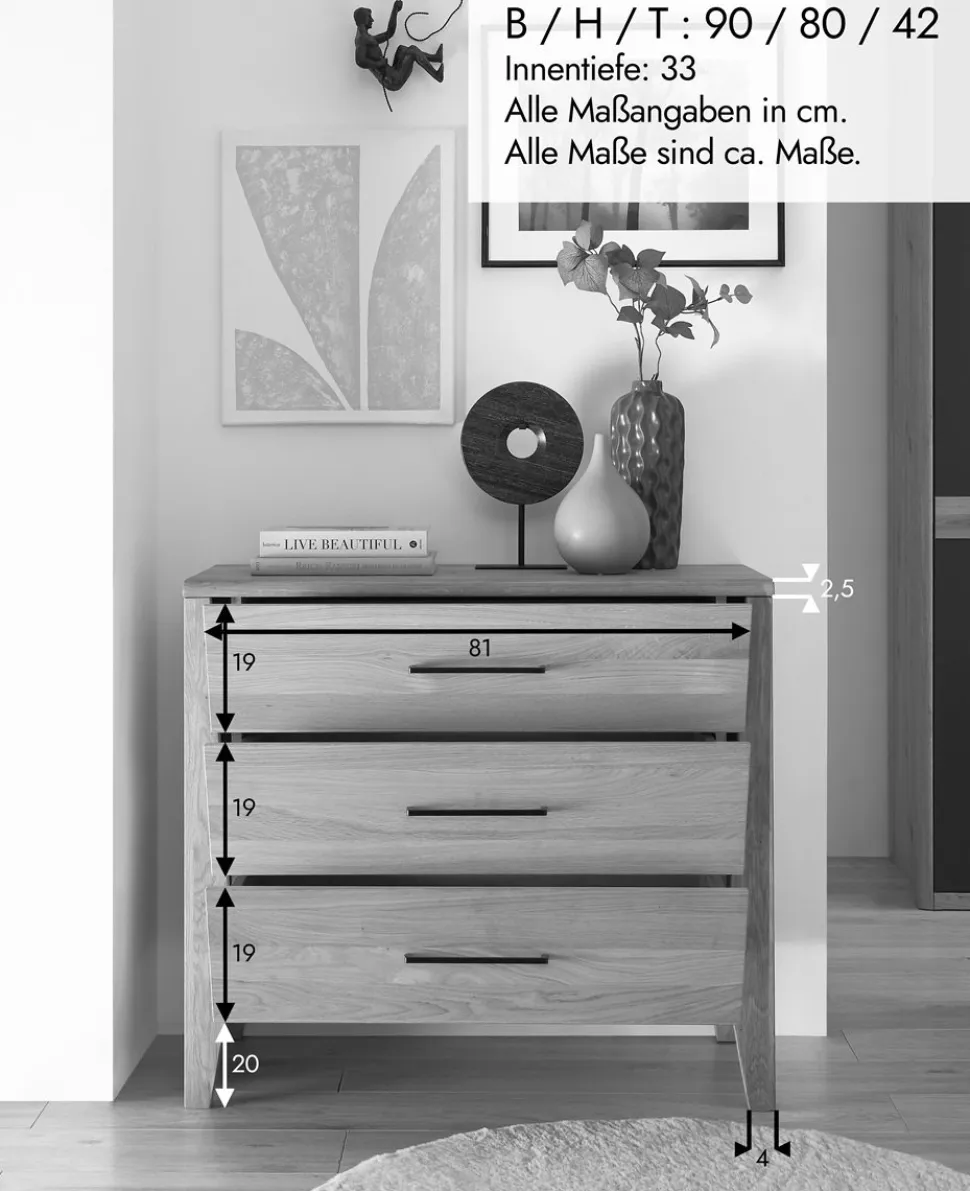 Kommode 90x80cm 'Ancona' Wildeiche teilmassiv geölt