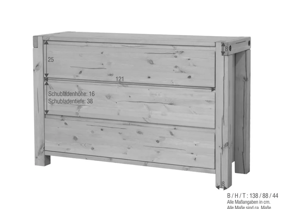 Kommode 138x88cm "Dora" Kiefer massiv eichefarbig honig gebeizt