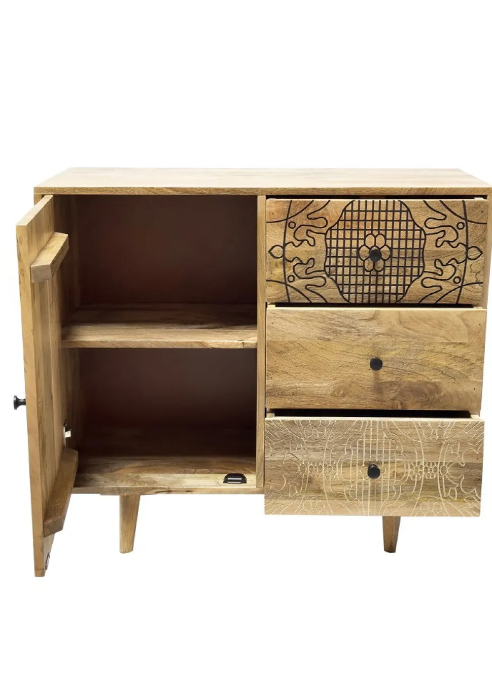 Kommode 90x80cm 'Lyn' Mangoholz mit schwarzen Ornamenten