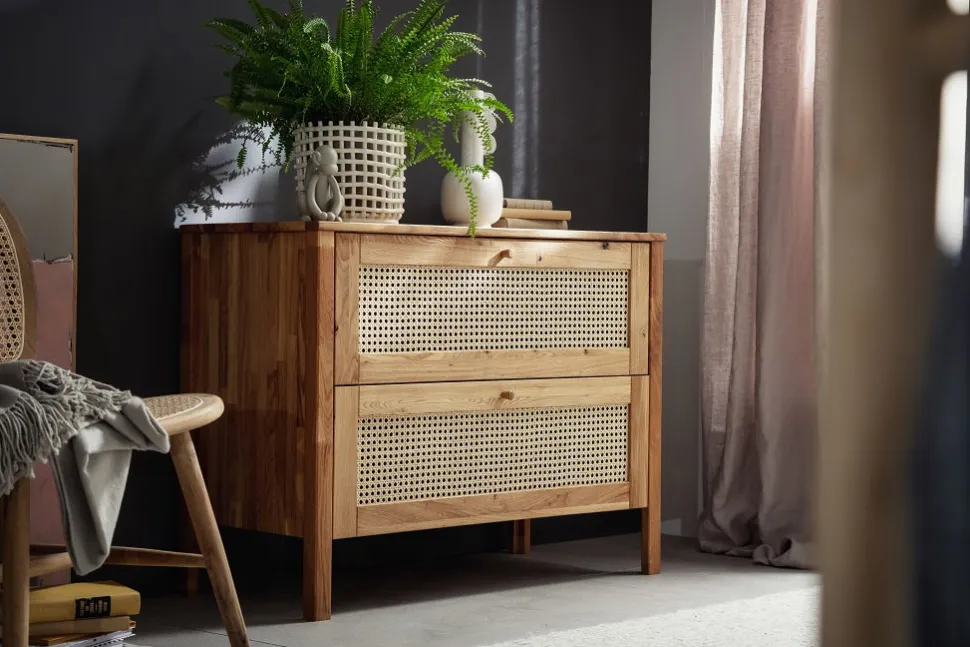 Kommode 100x76cm "Norden" Eiche & Rattangeflecht