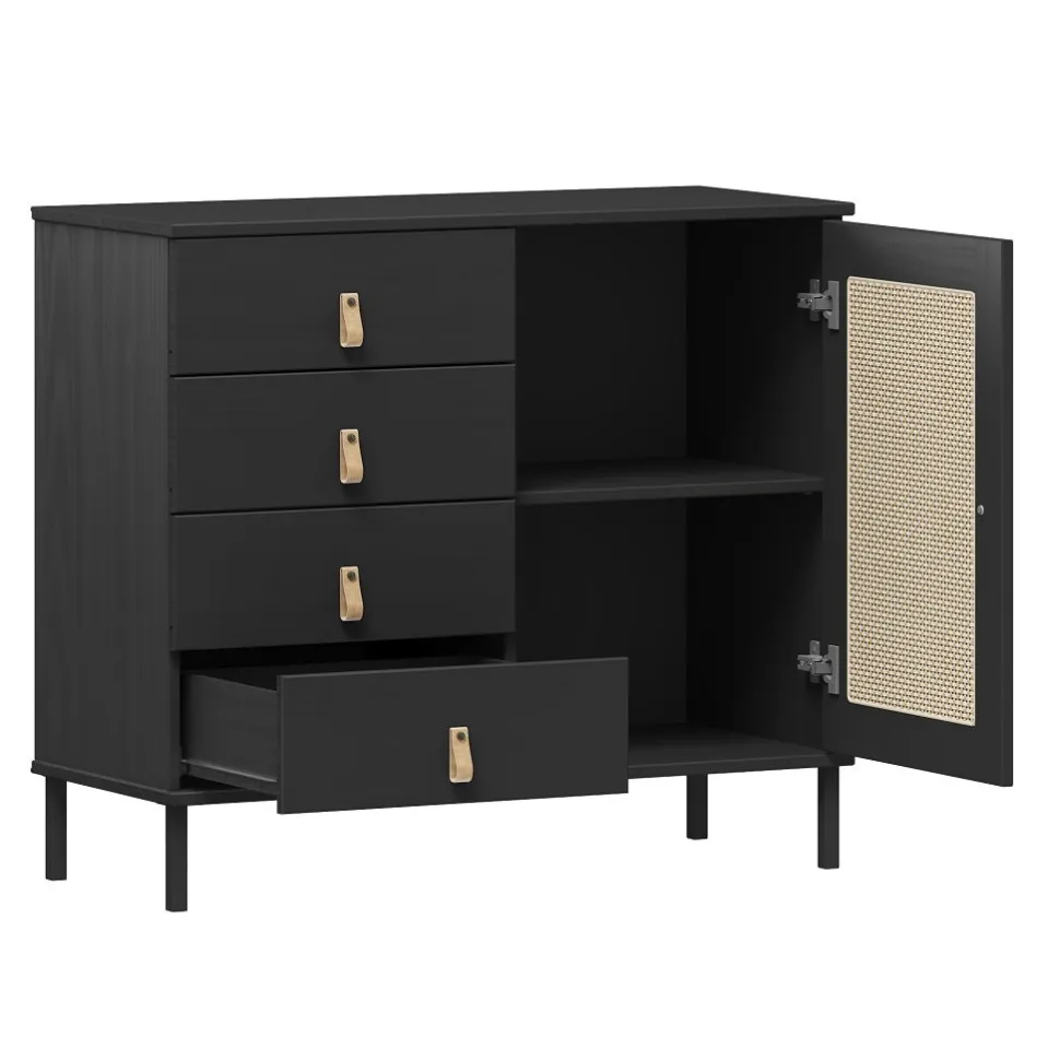 Kommode 90x80cm 'Seattle' Kiefer massiv schwarz 4SK & eine Türe