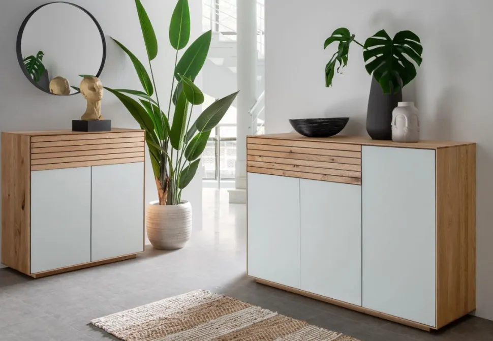 Kommode 80x84cm "Trentino" Wildeiche & Glas weiß
