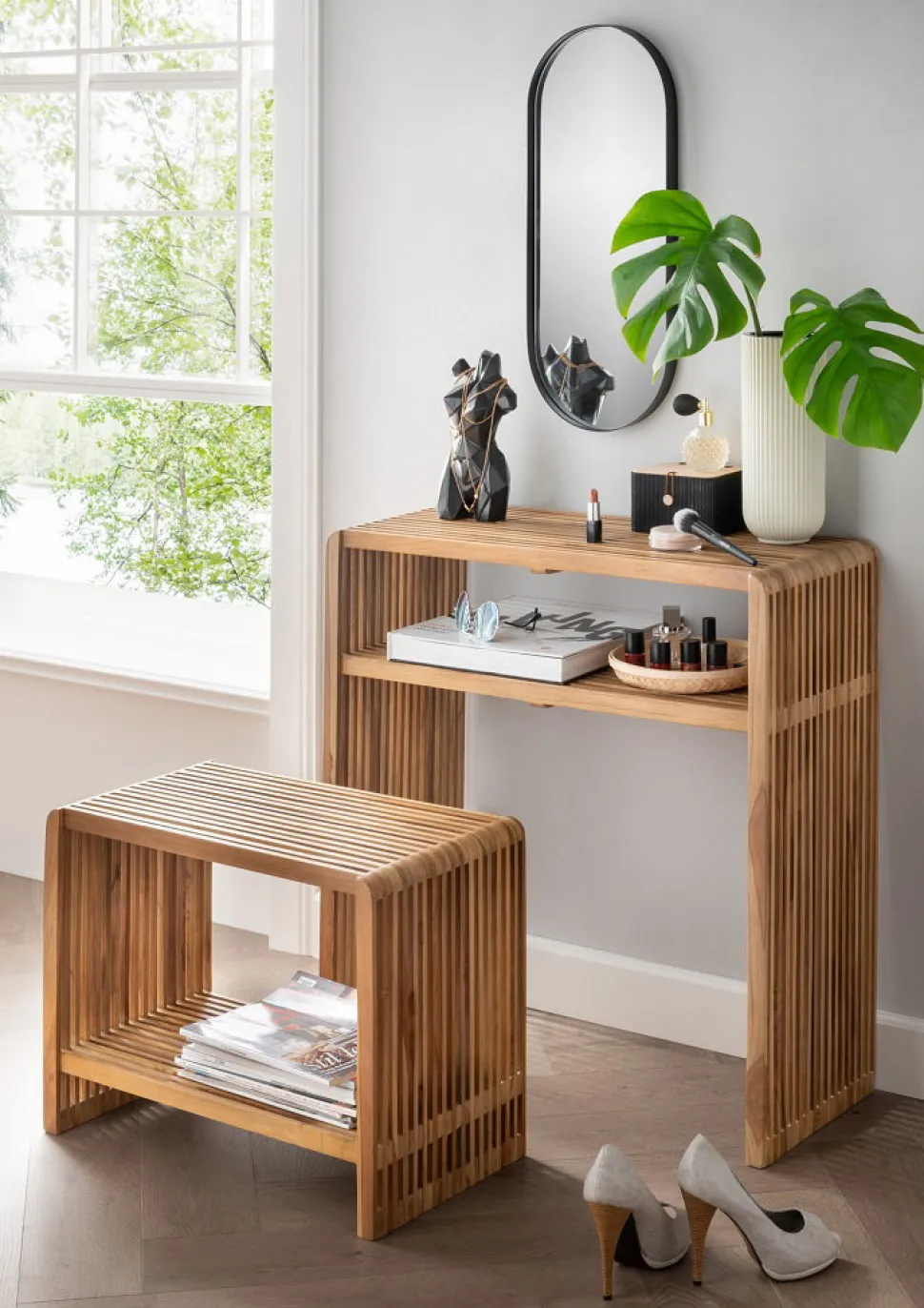 Konsolentisch & Sitzbank "Woody" recyceltes Teakholz