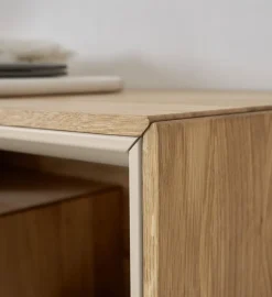 Lowboard mit Regal 140cm 'Locarno' Wildeiche massiv & MDF creme inkl.Beleuchtung