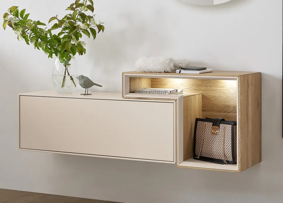 Lowboard mit Regal 140cm 'Locarno' Wildeiche massiv & MDF creme inkl.Beleuchtung