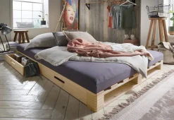 Palettenbett mit Schubkästen 140x200cm 'Finja' Kiefer massiv unbehandelt