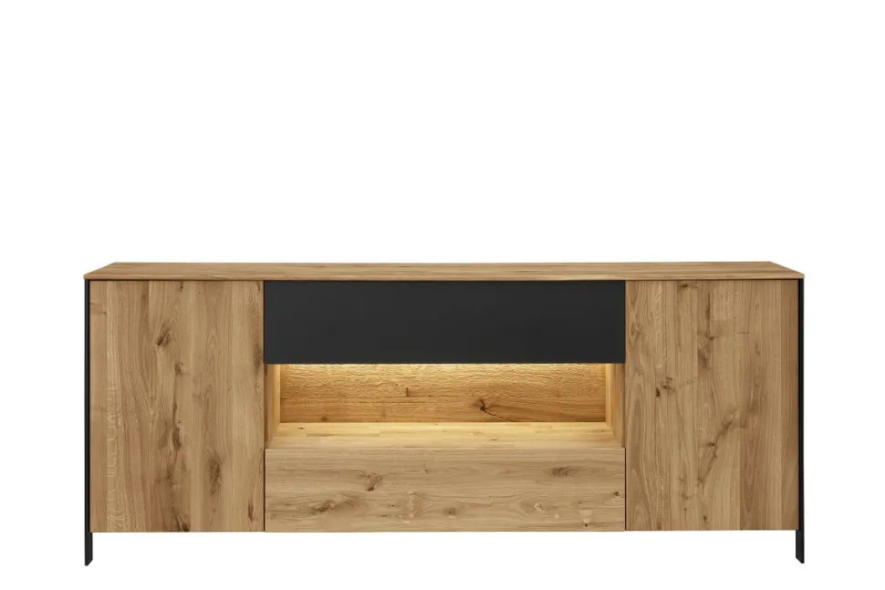 Sideboard mit Beleuchtung 205cm 'Boston ' Wildeiche geölt & Glas anthrazit