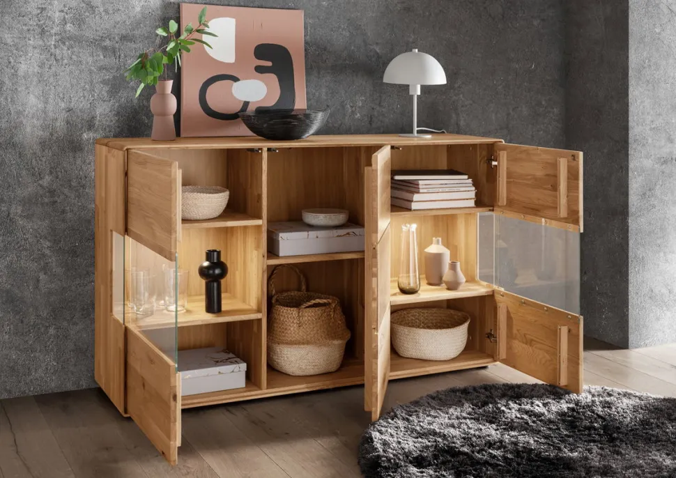 Sideboard mit Glastüren 150cm "Belfast" Wildeiche massiv