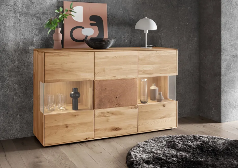 Sideboard mit Glastüren 150cm "Belfast" Wildeiche massiv