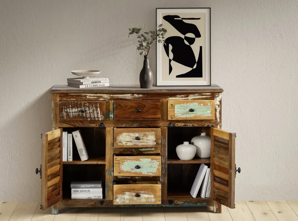Sideboard 123x89cm 'Hawkins' recyceltes Altholz mehrfarbig lackiert