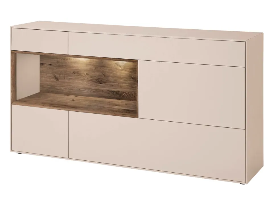 Sideboard 166x86cm 'Locarno II' Nussbaum massiv & MDF creme inkl.Beleuchtung