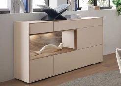 Sideboard 166x86cm 'Locarno II' Nussbaum massiv & MDF creme inkl.Beleuchtung
