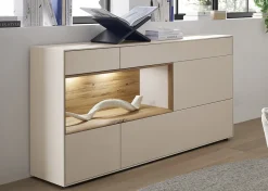 Sideboard 166x86cm 'Locarno' Wildeiche massiv & MDF creme inkl.Beleuchtung