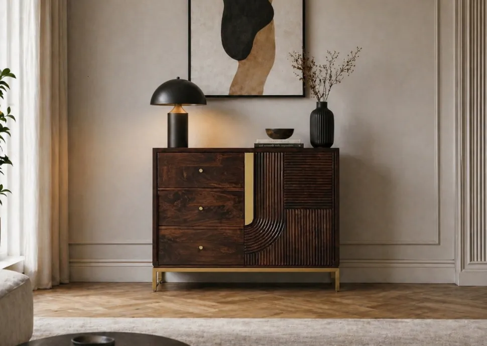 Sideboard 100x80cm 'Marvello' Mango braun & Metall goldfarbig