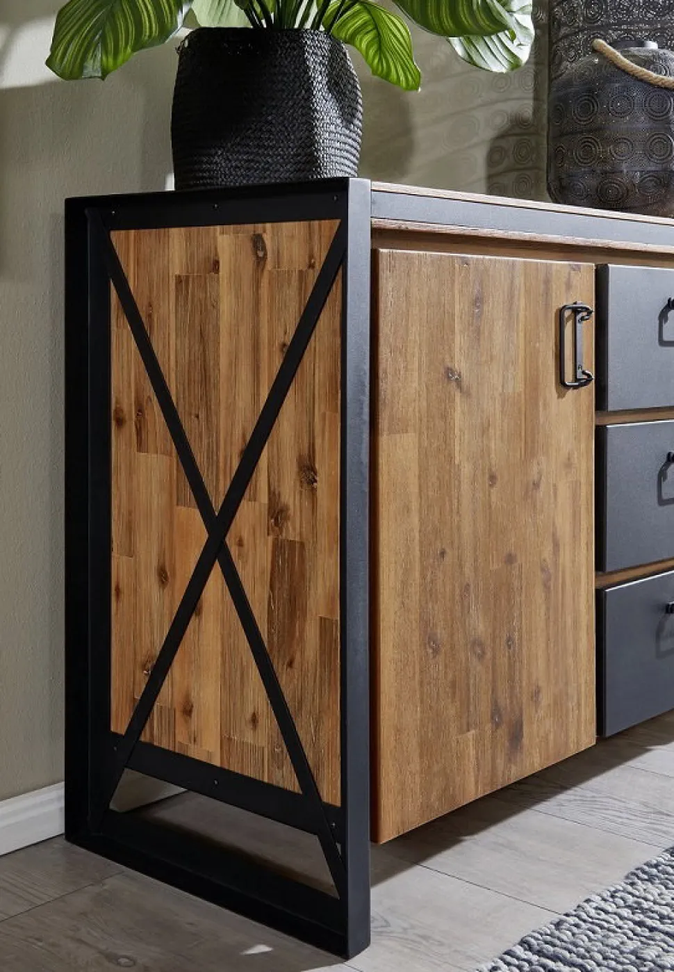 Sideboard 104x80cm 'Montreux' Akazie & Metall schwarz