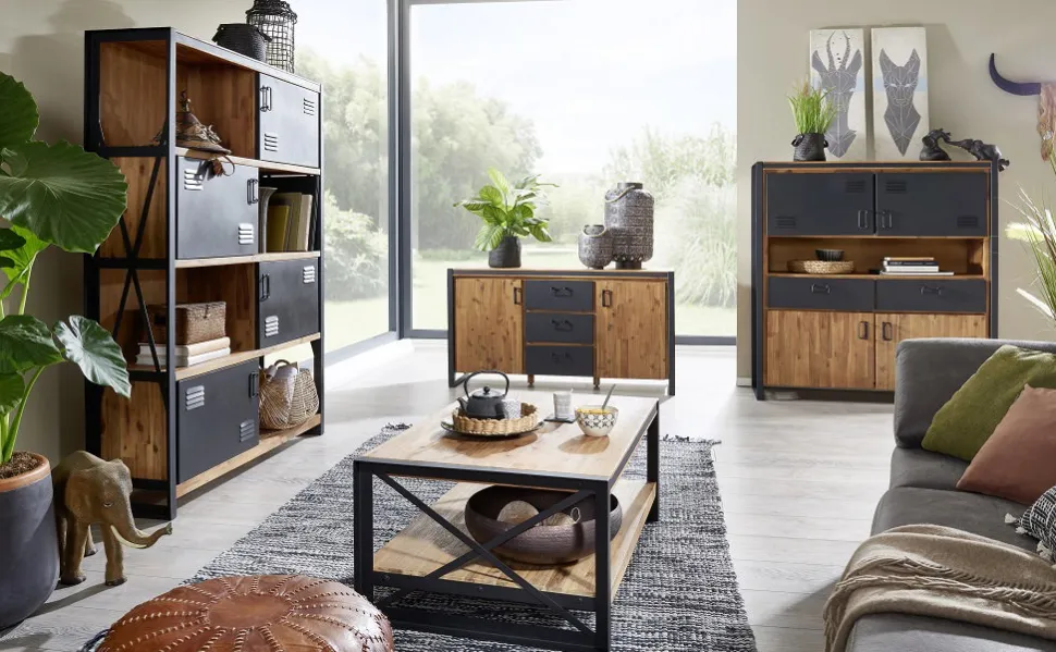 Sideboard 104x80cm 'Montreux' Akazie & Metall schwarz
