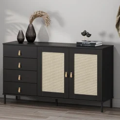 Sideboard 140x80cm 'Seattle' Kiefer massiv schwarz 4SK & 2 Türen