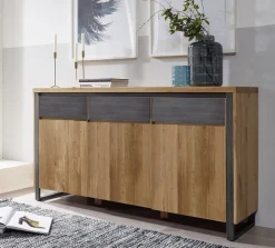 Sideboard 160x90cm 'Taipeh' Wildeiche & Metall gebürstet 3 Türen