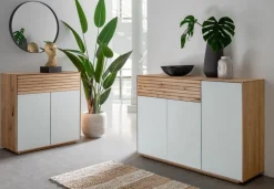 Sideboard 119x84cm "Trentino" Wildeiche & Glas weiß 3 Türen/1 SK