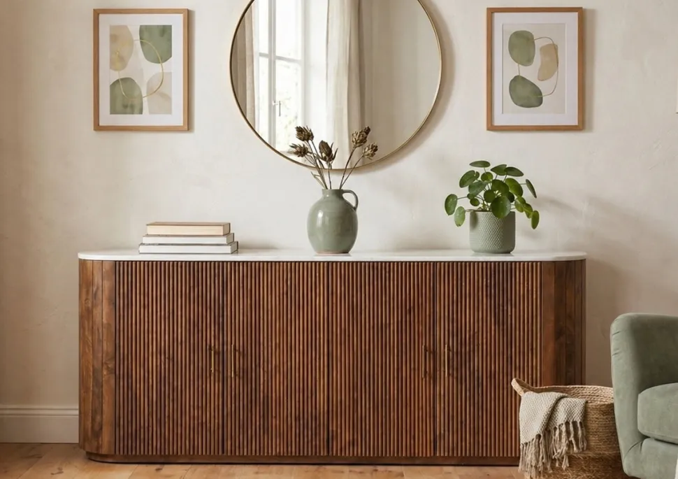 Sideboard 200x80cm "Valencia"' Mango braun lackiert & Marmor weiss 4 Türen
