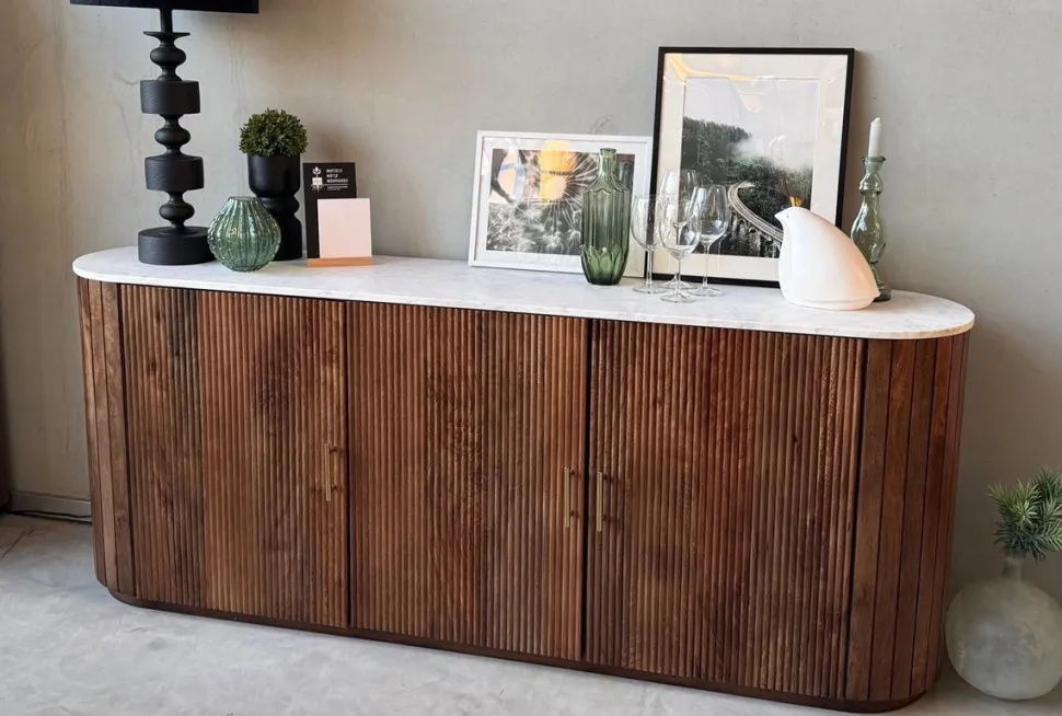 Sideboard 200x80cm "Valencia"' Mango braun lackiert & Marmor weiss 4 Türen