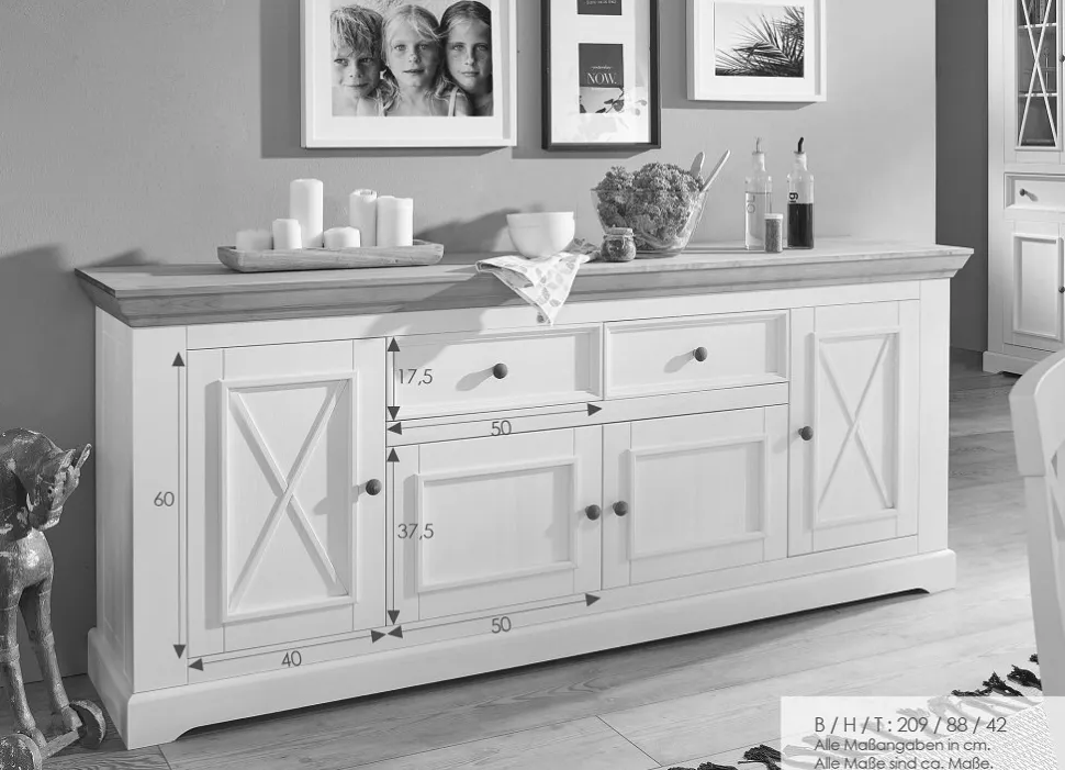Sideboard 209x88cm "Zürich" Kiefer massiv weiß WZ-0133