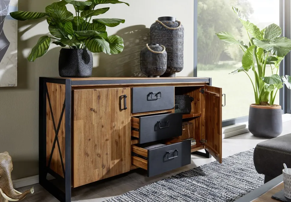 Sideboard 150x80xcm 'Montreux' Akazie & Metall schwarz