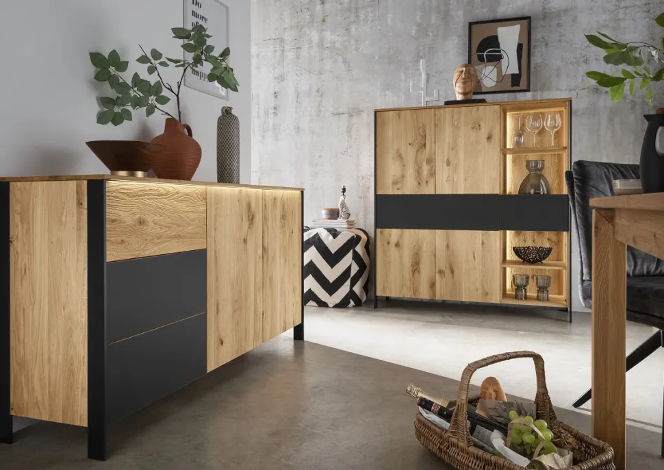 TV Board mit Beleuchtung 200cm 'Boston ' Wildeiche geölt & Glas anthrazit