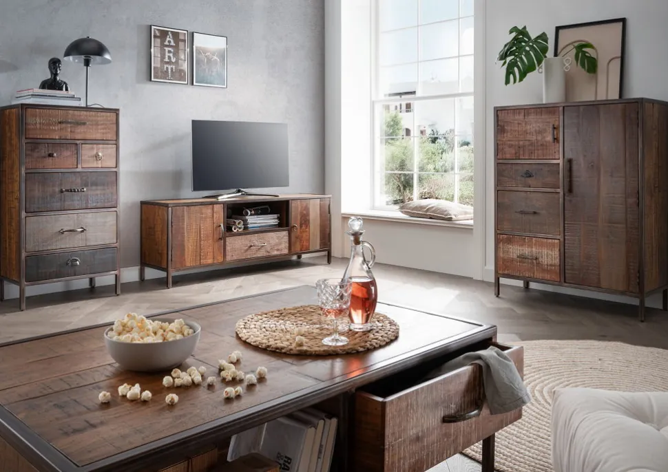 TV Board 150x56cm 'Compton' recyceltes Altholz & Eisen vintage